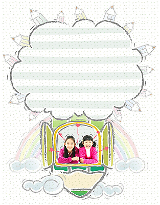 PSD 나무 구름 편집이미지 여자 어린이교육 교육 초등학생 어린이 백그라운드 무지개 말풍선 창문 상상 알림판 사람 소녀 두명 친구 연필 알림 디지털합성 여자만 어린이만 소녀만 이미지편집 자연요소 식물 학생 관계 학용품 필기구 파일형식