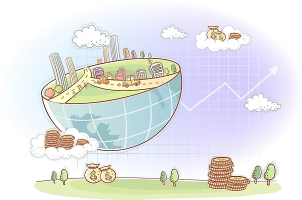 EPS 구름 화살표 지구 백그라운드 돈 일러스트 비즈니스 상상 자동차 그래프 사람없음 건물 금융 경제 동전 돈자루 오브젝트 국내일러스트 자연요소 건축물 육상교통 재산 파일형식 벡터