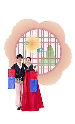 전신 PSD 구름 편집이미지 한국전통 부부 커플 여자 남자 창문 새해 산 서기 사람 20대 두명 30대 태양 문 디지털합성 청사초롱 합성 성인만 이미지편집 자연요소 전통 관계 모션 한국 청년 장년 초롱 파일형식