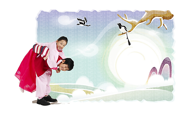 전신 PSD 편집이미지 한국전통 여자 명절 남자 어린이 겨울 새해 남매 사람 풍경 소녀 소년 야외 두명 친구 설날 한복 디지털합성 합성 까치 어린이만 이미지편집 전통 계절 기념일 가족 관계 조류 한국 전통의상 파일형식