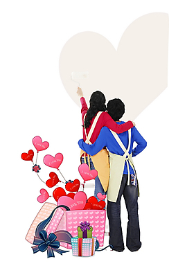 전신 PSD 편집이미지 부부 커플 여자 남자 리본 선물 서기 사람 20대 두명 뒷모습 30대 상자 앞치마 하트 디지털합성 커플티 합성 성인만 이미지편집 모양 뷰포인트 관계 모션 청년 장년 커플룩 파일형식