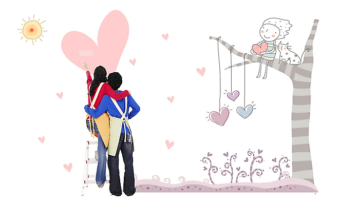 주간 전신 PSD 나무 편집이미지 부부 커플 여자 남자 사다리 상상 서기 사람 20대 야외 두명 뒷모습 30대 태양 앞치마 하트 디지털합성 커플티 합성 성인만 이미지편집 자연요소 모양 식물 뷰포인트 관계 모션 청년 장년 도구 커플룩 파일형식