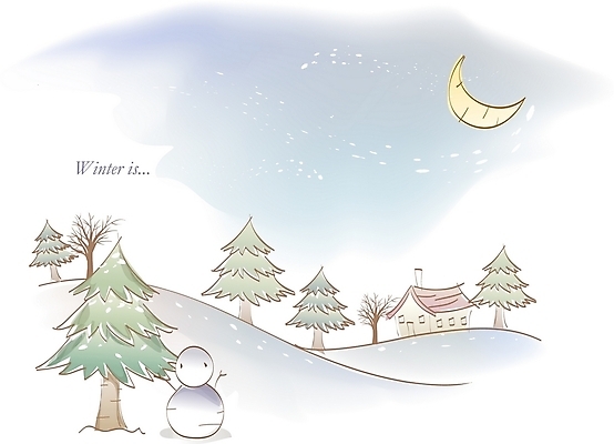 EPS 사계절 계절 겨울 일러스트 자연 눈사람 주택 풍경 사람없음 야외 건물 달 눈 야간 초승달 언덕 전나무 국내일러스트 자연요소 나무 건축물 날씨 생태계 파일형식 벡터
