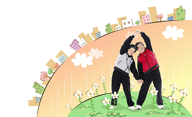 주간 전신 PSD 편집이미지 부부 커플 여자 할아버지 남자 꽃 할머니 50대 건강 서기 사람 야외 두명 건물 운동복 운동 마을 60대 디지털합성 합성 체조 성인만 이미지편집 자연요소 식물 건축물 옷 노년 중년 관계 모션 파일형식