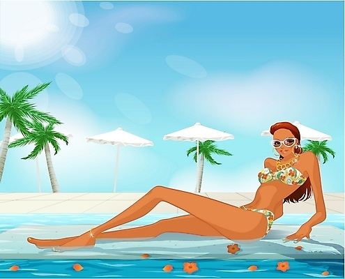 EPS 주간 웰빙 계절 여자 수영복 꽃 바다 여행 일러스트 장신구 물놀이 하늘 휴가 수영장 한명 사람 20대 성인 야외 물 여름 관광지 여름휴가 바캉스 비키니 선글라스 야자수 섹시 파라솔 선탠 여자만 여자한명만 성인여자만 청년만 청년여자만 성인한명만 청년여자한명만 성인여자한명만 성인만 국내일러스트 자연요소 나무 식물 1 옷 안경 컨셉 놀이 청년 파일형식 벡터 여름_계절