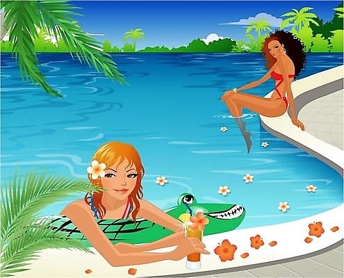 EPS 주간 웰빙 계절 여자 수영복 꽃 여유 음료 여행 일러스트 휴가 수영장 사람 20대 야외 두명 여름 관광지 여름휴가 바캉스 풀장 칵테일 선탠 악어 튜브 여자만 성인여자만 청년만 청년여자만 성인만 국내일러스트 자연요소 식물 옷 감정 파충류 주류 청년 파일형식 벡터 여름_계절