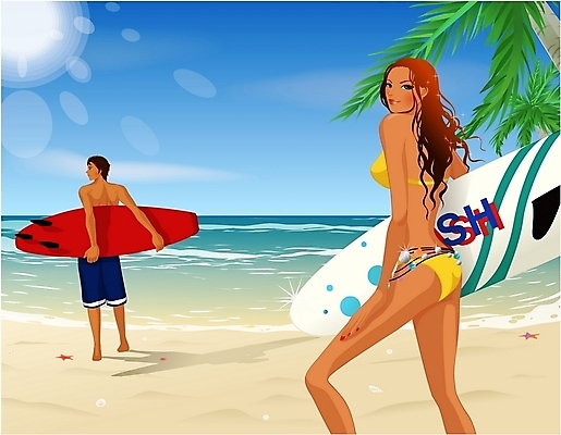 EPS 주간 웰빙 계절 여자 남자 바다 여행 일러스트 휴가 사람 20대 해변 야외 두명 여름 관광지 여름휴가 바캉스 빛 비키니 수상스포츠 서핑보드 서핑 대서 서퍼 청년만 성인만 국내일러스트 자연요소 수영복 스포츠 운동선수 청년 보드_스포츠 절기 파일형식 벡터 여름_계절