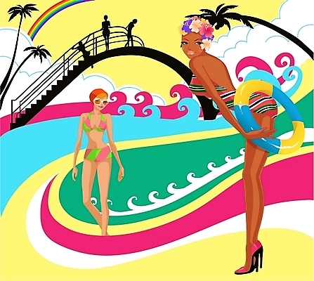 EPS 웰빙 계절 여자 수영복 여행 일러스트 휴가 사람 20대 두명 여름 관광지 여름휴가 바캉스 선글라스 미끄럼틀 수영모 튜브 여자만 성인여자만 청년만 청년여자만 성인만 국내일러스트 옷 안경 청년 놀이기구 수영용품 파일형식 벡터 여름_계절