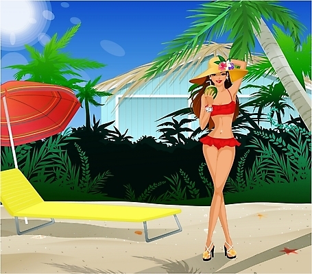 EPS 주간 웰빙 계절 여자 수영복 여행 일러스트 하늘 휴가 한명 사람 20대 성인 야외 여름 관광지 여름휴가 바캉스 파라솔 선베드 코코넛 여자만 여자한명만 성인여자만 청년만 청년여자만 성인한명만 청년여자한명만 성인여자한명만 성인만 국내일러스트 자연요소 1 옷 의자 과일 청년 파일형식 벡터 여름_계절