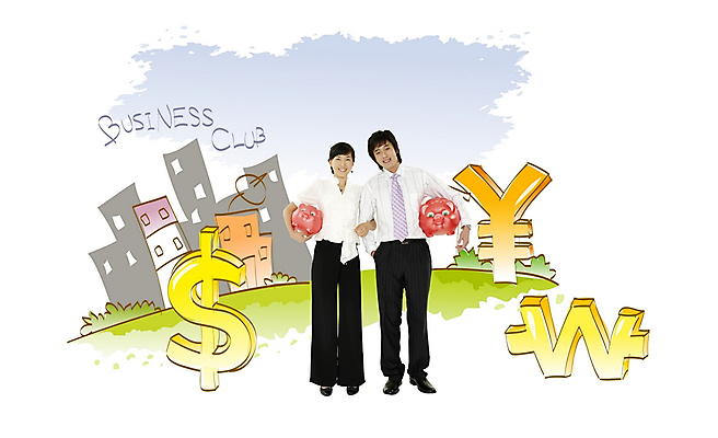 주간 전신 PSD 편집이미지 커플 여자 남자 비즈니스 서기 사람 야외 두명 금융 경제 달러 돼지저금통 직장인 비즈니스맨 비즈니스우먼 원화 화폐기호 엔 재테크 동료 디지털합성 합성 이미지편집 자연요소 직업 기호 돈 관계 모션 저금통 화폐 파일형식