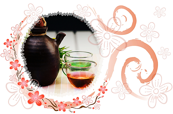 PSD 편집이미지 음료 음식 백그라운드 꽃무늬 패턴 주전자 잔 사람없음 차 찻잔 디지털합성 오브젝트 이미지편집 식기 꽃 무늬 주방용품 파일형식