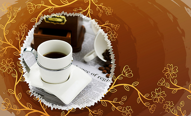 PSD 편집이미지 커피 음료 음식 백그라운드 꽃무늬 패턴 사람없음 컵 원두 신문 차 디지털합성 오브젝트 이미지편집 식기 꽃 무늬 간행물 뉴스 파일형식
