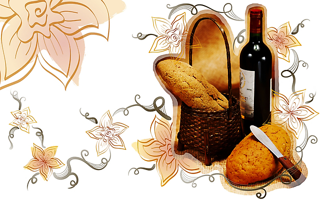 PSD 편집이미지 음식 빵 백그라운드 꽃무늬 패턴 디저트 사람없음 와인 칼 디지털합성 오브젝트 제빵 이미지편집 꽃 무늬 주류 제과제빵 파일형식