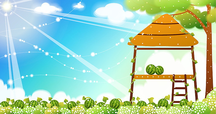 EPS 주간 나무 식물 구름 사계절 계절 백그라운드 과일 일러스트 자연 하늘 수박 풍경 사람없음 야외 여름 햇빛 농촌 시골 원두막 수박밭 국내일러스트 자연요소 밭 태양 생태계 파일형식 벡터