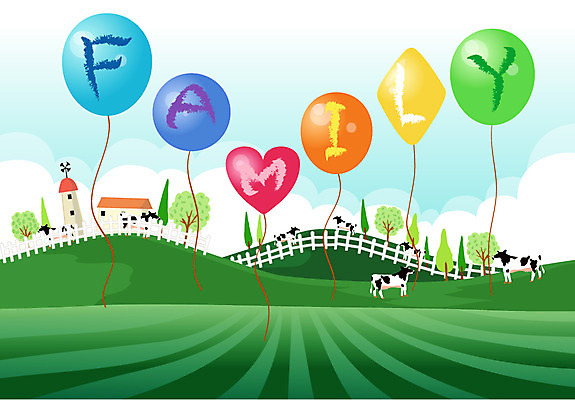 EPS 주간 건축물 영어 백그라운드 일러스트 가족 풍경 초원 사람없음 야외 건물 울타리 마을 목장 젖소 풍선 국내일러스트 자연요소 문자 건축 관계 담장 소 파일형식 벡터