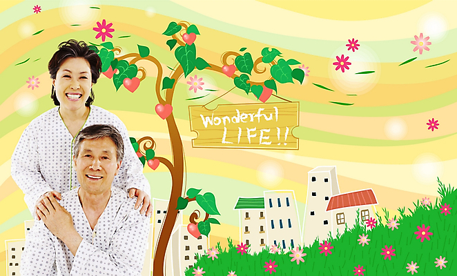 PSD 나무 편집이미지 건축물 여자 노년 남자 꽃 사랑 사람 빌딩 두명 노부부 실버 디지털합성 환자복 노인만 성인만 이미지편집 식물 부부 옷 건축 감정 성인 건물 환자 파일형식