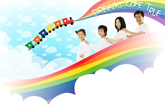 PSD 구름 편집이미지 여자 남자 딸 아들 어린이 40대 무지개 가족 상상 엄마 남매 사람 소녀 소년 여러명 10대 기차 아빠 디지털합성 이미지편집 자연요소 육상교통 중년 다수 관계 청소년 대중교통 파일형식
