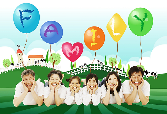 PSD 편집이미지 여자 할아버지 남자 딸 아들 할머니 가족 엄마 대가족 사람 빌딩 초원 여러명 야외 건물 소풍 목장 아빠 젖소 디지털합성 풍선 노인만 성인만 이미지편집 건축물 노년 다수 관계 야외활동 소 파일형식