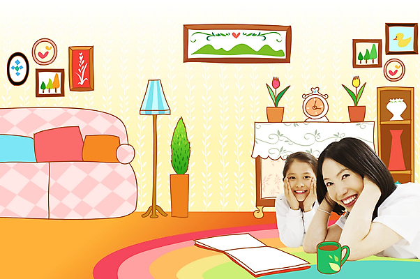 PSD 편집이미지 여자 딸 커피 거실 가족 모녀 엄마 주택 실내 사람 두명 10대 30대 인테리어 독서 디지털합성 여자만 이미지편집 디자인 음료 관계 청소년 내부 건물 장년 파일형식