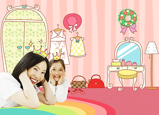 PSD 편집이미지 모자 옷 여자 딸 어린이 신발 가방 가족 모녀 엄마 왕관 실내 사람 소녀 두명 10대 30대 카펫 장롱 디지털합성 화장대 여자만 이미지편집 잡화 가구 관계 청소년 내부 장년 파일형식