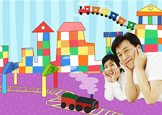 PSD 편집이미지 남자 아들 40대 가족 실내 사람 두명 10대 30대 장난감 기차 아빠 디지털합성 부자지간 남자만 이미지편집 육상교통 중년 관계 청소년 대중교통 내부 장년 파일형식