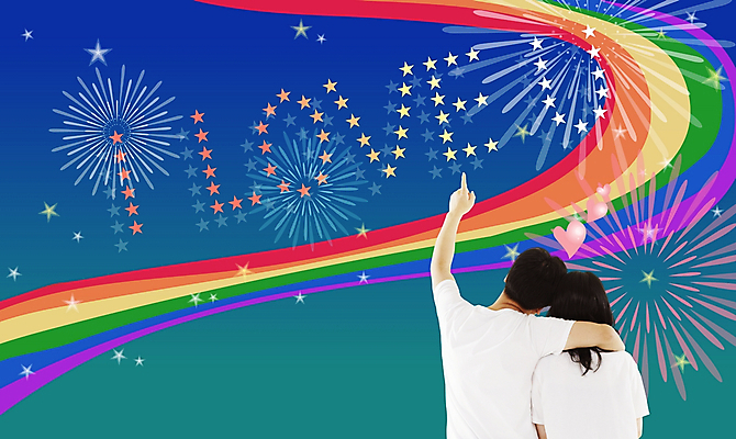 PSD 편집이미지 부부 커플 여자 남자 40대 무지개 밤하늘 불꽃놀이 사랑 사람 20대 야외 두명 30대 디지털합성 성인만 이미지편집 자연요소 감정 중년 관계 놀이 하늘 청년 장년 야간 파일형식