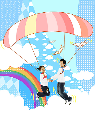 PSD 구름 편집이미지 여자 남자 어린이 무지개 가족 상상 하늘 레저 남매 사람 소녀 소년 두명 10대 디지털합성 비둘기 낙하산 십대만 이미지편집 자연요소 관계 청소년 조류 파일형식