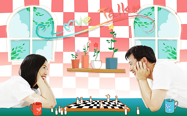 PSD 편집이미지 부부 여자 남자 행복 화분 40대 패턴 놀이 실내 사람 취미 두명 30대 화목 게임 체스 디지털합성 성인만 이미지편집 커플 감정 중년 컨셉 무늬 내부 장년 파일형식