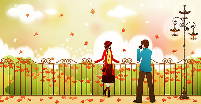 EPS 주간 커플 사계절 계절 공원 공공시설 여자 남자 단풍 가로등 데이트 일러스트 자연 기념 사랑 사람 풍경 20대 야외 두명 울타리 사진촬영 가을 청년만 성인만 국내일러스트 자연요소 감정 잎 관계 청년 담장 촬영 시설 생태계 파일형식 벡터