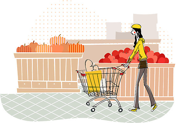 EPS 라이프스타일 웰빙 여자 빵 일러스트 호박 한명 사람 20대 성인 30대 쇼핑 장보기 카트 쇼핑카 사과 마트 미시라이프 미시즈 미즈 미즈라이프 여자만 여자한명만 성인여자만 성인만 국내일러스트 1 음식 채소 과일 청년 생활 장년 상점 파일형식 벡터