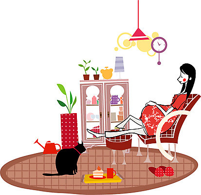 라이프스타일 웰빙 여자 일러스트 휴식 사람 20대 30대 케이크 고양이 임산부 태교 미시라이프 여자만 성인여자만 성인만 국내일러스트 컨셉 포유류 디저트 청년 생활 장년 반려동물 임신