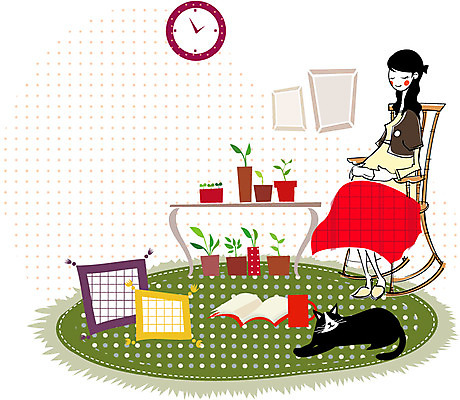 EPS 라이프스타일 웰빙 여자 화분 시계 액자 쿠션 거실 일러스트 휴식 선반 실내 한명 사람 20대 성인 책 30대 고양이 머그컵 태교 미시라이프 흔들의자 미시즈 미즈 미즈라이프 여자만 여자한명만 성인여자만 성인만 국내일러스트 1 가구 컨셉 의자 포유류 청년 내부 생활 컵 장년 반려동물 임신 파일형식 벡터