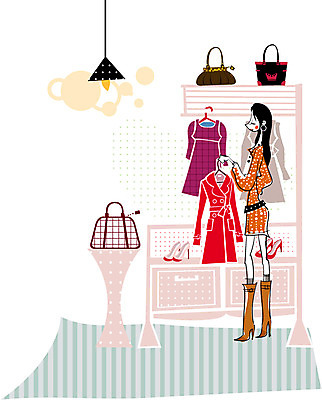 EPS 라이프스타일 웰빙 옷 여자 가방 일러스트 조명 실내 한명 사람 20대 성인 30대 쇼핑 카펫 코트 옷가게 미시라이프 미시즈 미즈 미즈라이프 여자만 여자한명만 성인여자만 성인만 국내일러스트 1 잡화 청년 내부 생활 장년 상점 외투 파일형식 벡터