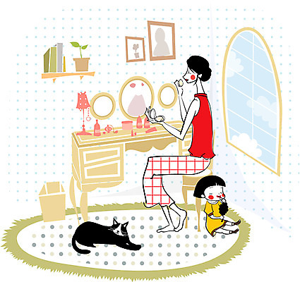 EPS 라이프스타일 웰빙 여자 딸 어린이 액자 일러스트 창문 가족 모녀 엄마 선반 주택 실내 사람 20대 두명 30대 화장 뷰티 고양이 화장품 화장대 미시라이프 미시즈 미즈 미즈라이프 여자만 국내일러스트 가구 포유류 관계 청년 내부 건물 생활 장년 반려동물 파일형식 벡터