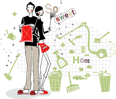 EPS 라이프스타일 웰빙 부부 커플 여자 남자 가사 일러스트 사람 20대 두명 30대 쓰레기통 청소도구 밀대 미시라이프 청소기 미시즈 미즈 미즈라이프 성인만 국내일러스트 관계 주방용품 청년 생활 장년 전자제품 도구 청소 파일형식 벡터