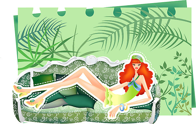 EPS 모델 문양 우먼라이프 라이프스타일 여자 패션 쿠션 일러스트 나뭇잎 열대 한명 사람 20대 성인 여름 쇼핑 소파 여자만 여자한명만 성인여자만 청년만 청년여자만 성인한명만 청년여자한명만 성인여자한명만 성인만 국내일러스트 1 계절 잎 의자 청년 생활 파일형식 벡터