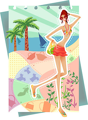 EPS 주간 모델 우먼라이프 라이프스타일 여자 패션 바다 일러스트 휴가 한명 사람 20대 성인 야외 여름 여름휴가 바캉스 쇼핑 야자수 윈드서핑 여자만 여자한명만 성인여자만 청년만 청년여자만 성인한명만 청년여자한명만 성인여자한명만 성인만 국내일러스트 자연요소 나무 1 계절 청년 생활 수상스포츠 파일형식 벡터 여름_계절