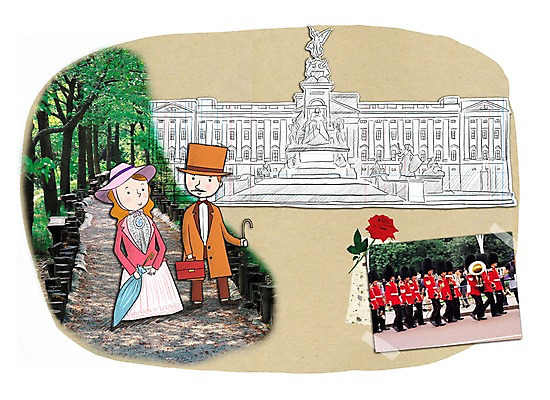 PSD 나무 여자 남자 길 여행 일러스트 휴가 영국 사람 두명 장미 궁전 군인 산책로 전통의상 콜라주 병정 빅벤 영국군인 국내일러스트 식물 직업 전통 꽃 유럽 고건축 시계탑 런던 국군 파일형식