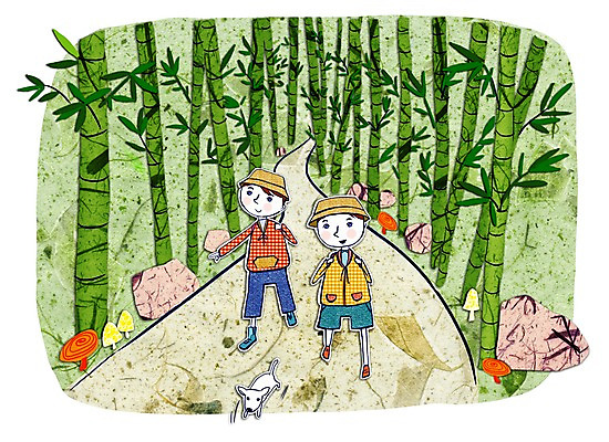 PSD 남자 길 여행 일러스트 휴가 사람 야외 두명 버섯 산책로 개 강아지 대나무 콜라주 남자만 국내일러스트 나무 포유류 반려동물 파일형식