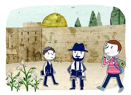 PSD 남자 외국문화 여행 일러스트 중동 휴가 사람 야외 세명 콜라주 유대인 바위사원 이스라엘 통곡의벽 남자만 국내일러스트 나라 문화 성벽 서아시아 예루살렘 파일형식