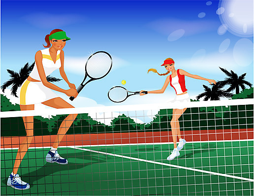 EPS 주간 구름 웰빙 여자 스포츠 올림픽 일러스트 하계올림픽 하늘 레저 사람 경기 20대 야외 두명 레포츠 운동 햇빛 구기 매트 테니스 테니스라켓 테니스장 여자만 성인여자만 청년만 청년여자만 성인만 국내일러스트 자연요소 스포츠시설 건강 청년 태양 라켓 파일형식 벡터