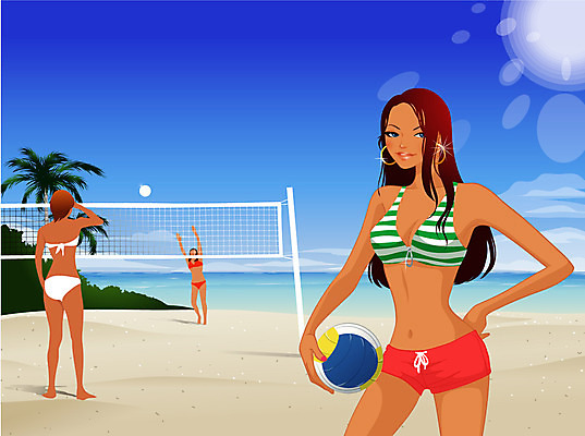 EPS 주간 웰빙 계절 여자 스포츠 바다 일러스트 하늘 레저 사람 야외 세명 여름 레포츠 모래사장 운동 햇빛 구기 매트 비치발리볼 배구 배구공 열대나무 배구코트 여자만 국내일러스트 자연요소 나무 스포츠용품 공 건강 태양 비치볼 파일형식 벡터