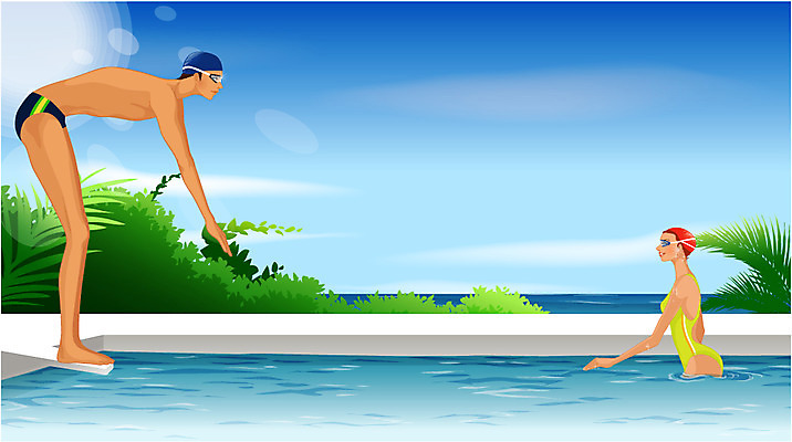 EPS 주간 웰빙 커플 계절 여자 남자 수영복 스포츠 일러스트 하늘 수영장 사람 20대 야외 두명 여름 운동 수영 하계스포츠 청년만 성인만 국내일러스트 자연요소 옷 관계 건강 청년 수상스포츠 파일형식 벡터