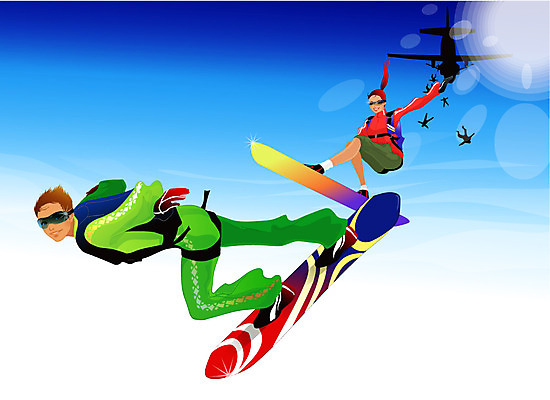 EPS 주간 웰빙 여자 남자 스포츠 일러스트 하늘 레저 비행기 사람 20대 야외 두명 레포츠 스카이다이빙 낙하산 스카이보드 청년만 성인만 국내일러스트 자연요소 항공교통 대중교통 청년 익스트림스포츠 파일형식 벡터