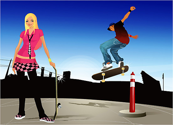 EPS 주간 웰빙 여자 남자 스포츠 일러스트 레저 사람 취미 야외 두명 레포츠 스케이트보드 보드 묘기 국내일러스트 자연요소 보드_스포츠 파일형식 벡터