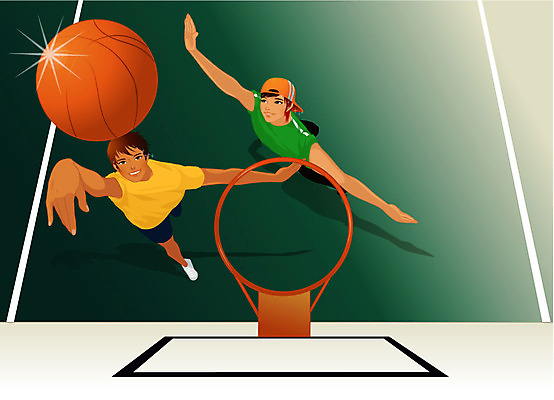 EPS 웰빙 여자 남자 스포츠 일러스트 레저 농구 농구공 실내 사람 두명 운동 구기 점프 슛 농구대 농구장 국내일러스트 공 스포츠시설 모션 건강 내부 골대 파일형식 벡터