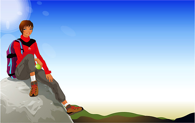 EPS 주간 웰빙 여자 스포츠 일러스트 배낭 하늘 레저 한명 사람 성인 야외 레포츠 운동 등산 사과 정상 등산복 여자만 여자한명만 성인여자만 성인만 국내일러스트 자연요소 1 옷 가방 과일 건강 트래킹 파일형식 벡터