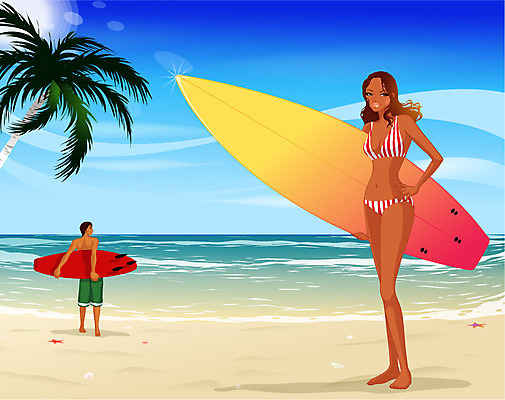 EPS 주간 웰빙 계절 여자 남자 수영복 스포츠 파도 바다 일러스트 레저 사람 20대 해변 야외 두명 여름 레포츠 비키니 모래사장 야자수 서핑보드 서핑 청년만 성인만 국내일러스트 자연요소 나무 옷 청년 수상스포츠 보드_스포츠 파일형식 벡터