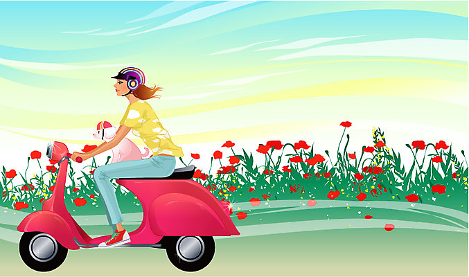 EPS 웰빙 여자 꽃 여행 꽃밭 일러스트 레저 한명 사람 20대 성인 야외 레포츠 스쿠터 오토바이 강아지 헬멧 여자만 여자한명만 성인여자만 청년만 청년여자만 성인한명만 청년여자한명만 성인여자한명만 성인만 국내일러스트 식물 1 청년 반려동물 바이크 개 보호장비 파일형식 벡터