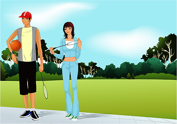 EPS 주간 나무 웰빙 공원 공공시설 여자 남자 스포츠 일러스트 레저 농구 농구공 사람 잔디 20대 야외 두명 레포츠 운동복 운동 구기 배드민턴라켓 배드민턴 청년만 성인만 국내일러스트 자연요소 식물 옷 공 건강 청년 라켓 시설 파일형식 벡터